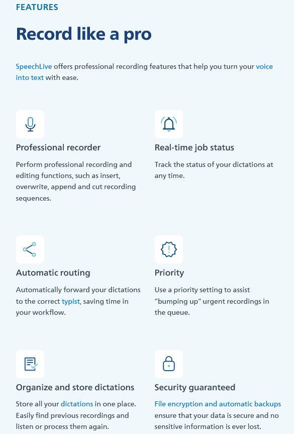 Features of a recording app: professional recorder, real-time status, routing, priority, storage, and security.