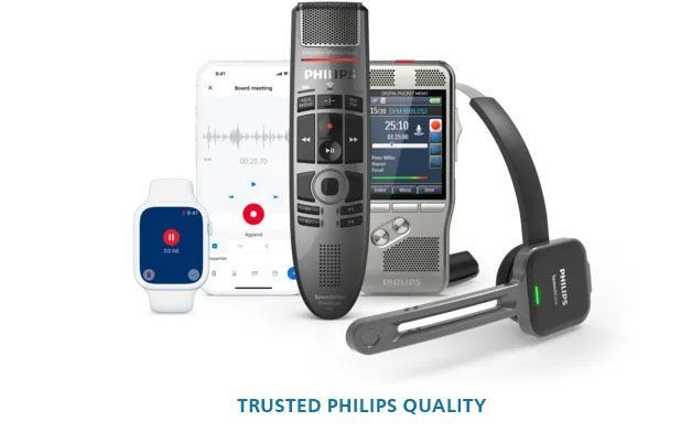 Philips dictation devices: Smartwatch, phone app, microphone, recorder, headset. White background.