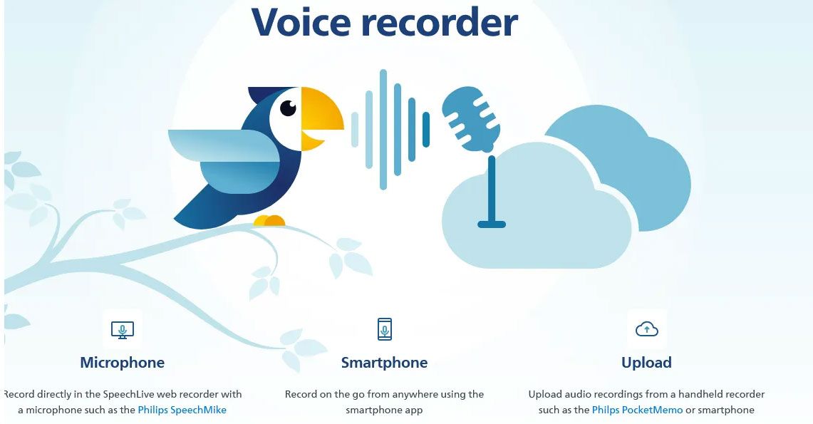 Voice recorder graphic: Blue parrot speaking into a mic, cloud and phone icons.
