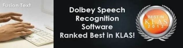 Hands typing on a keyboard. "Dolbey Speech Recognition Software" ranked best in KLAS 2012.
