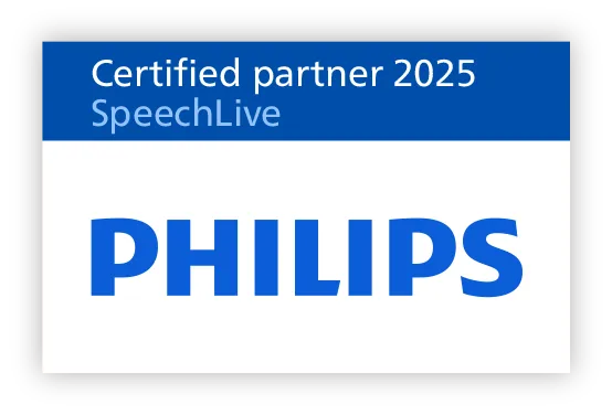 Philips SpeechLive certified partner logo, blue and white. Text: