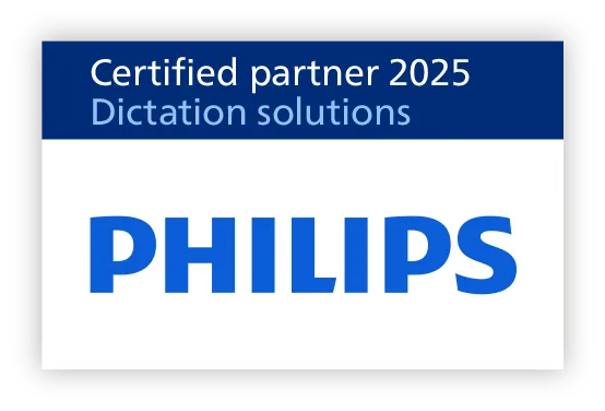 Logo: Philips, Certified Partner 2025, Dictation solutions. Blue text on white background.