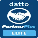 Datto PartnerPlus Elite badge: white handshake in blue circle; blue text