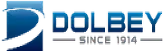 Dolby logo, blue and white, with curved shape.