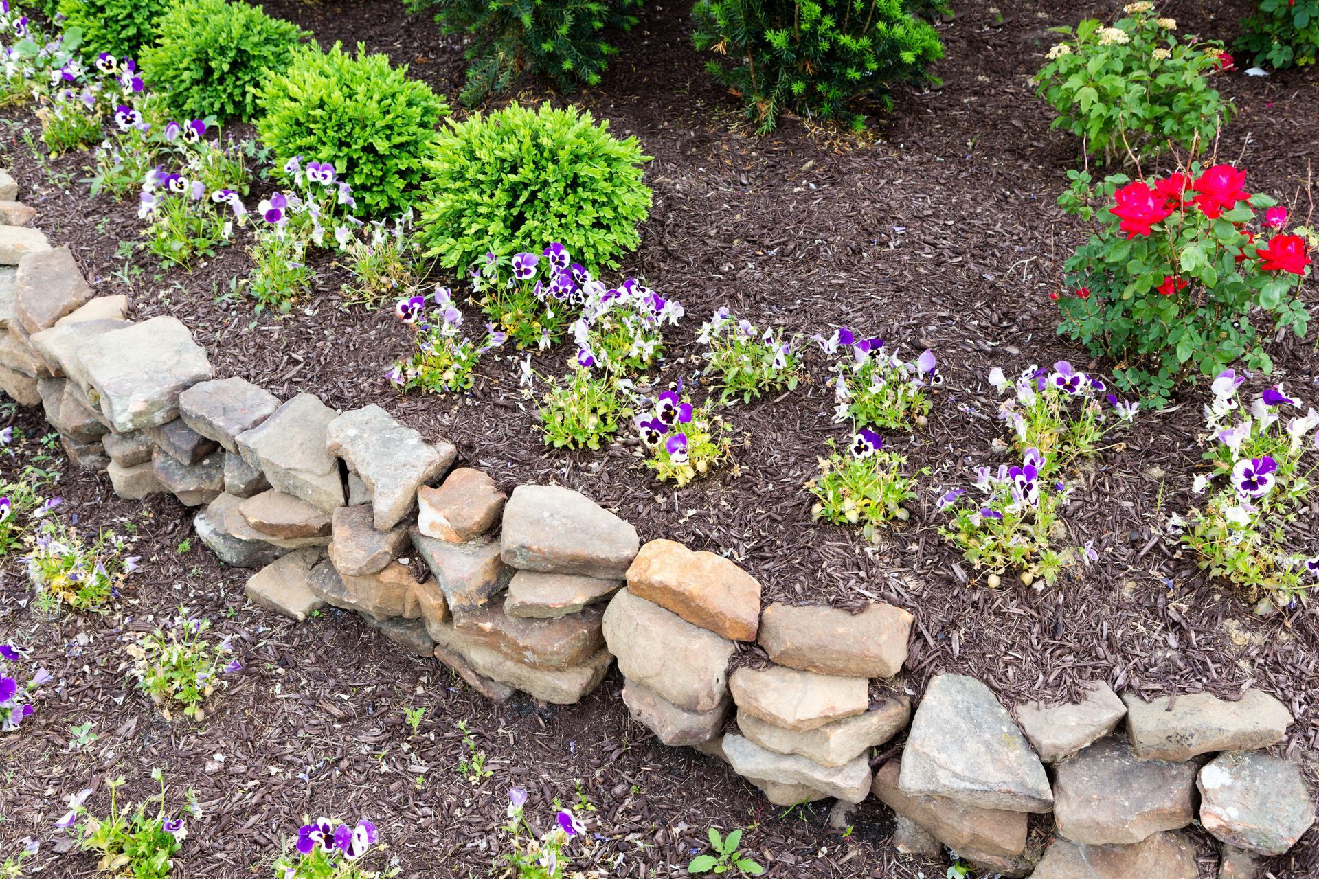 A stone wall surrounded by flowers and bushes in a garden.