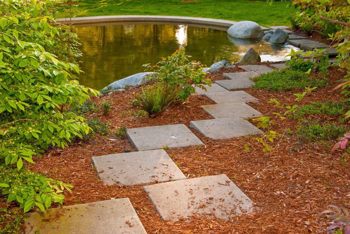 A stone walkway leading to a pond in a garden.