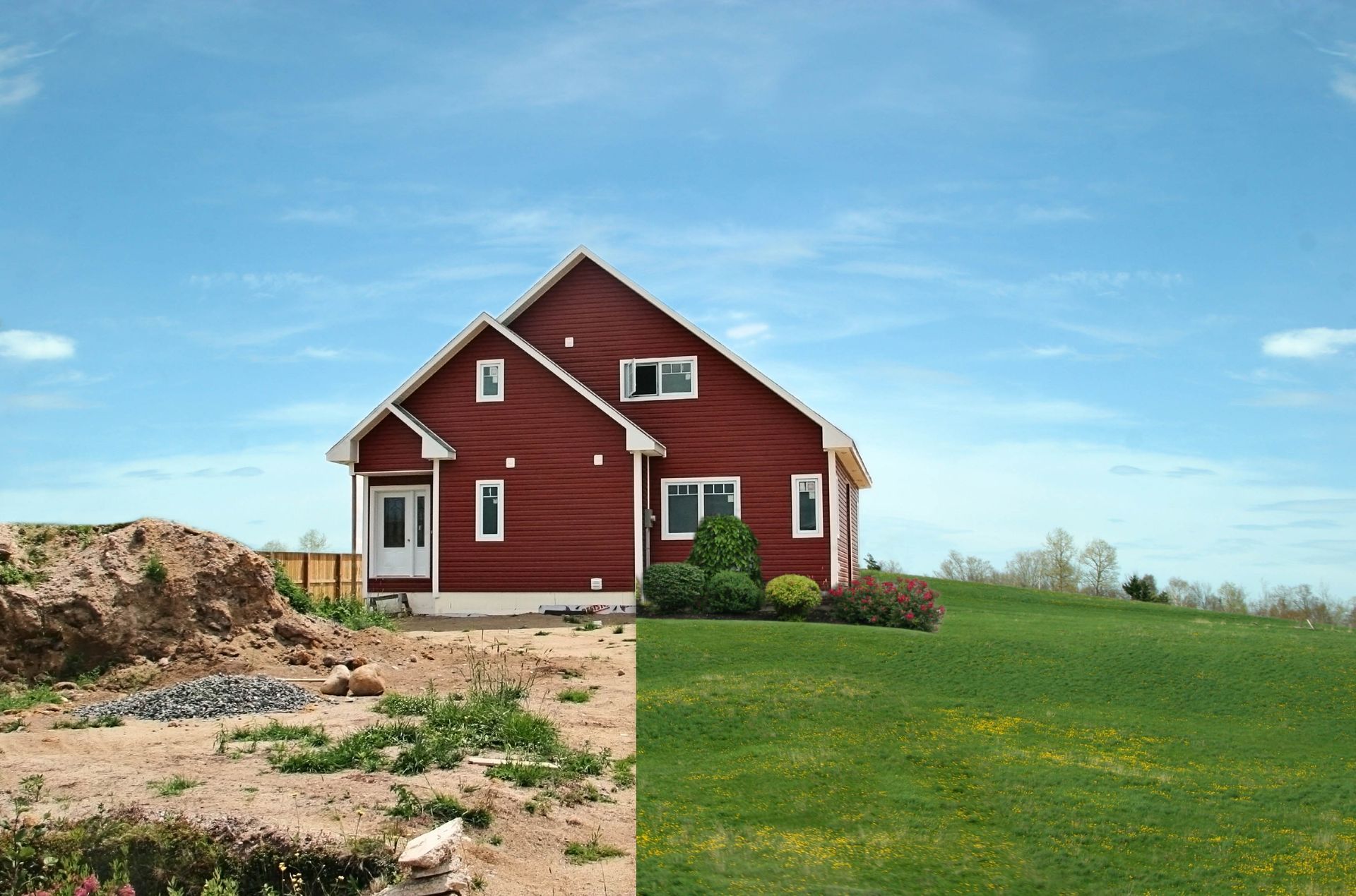 A before and after photo of a red house