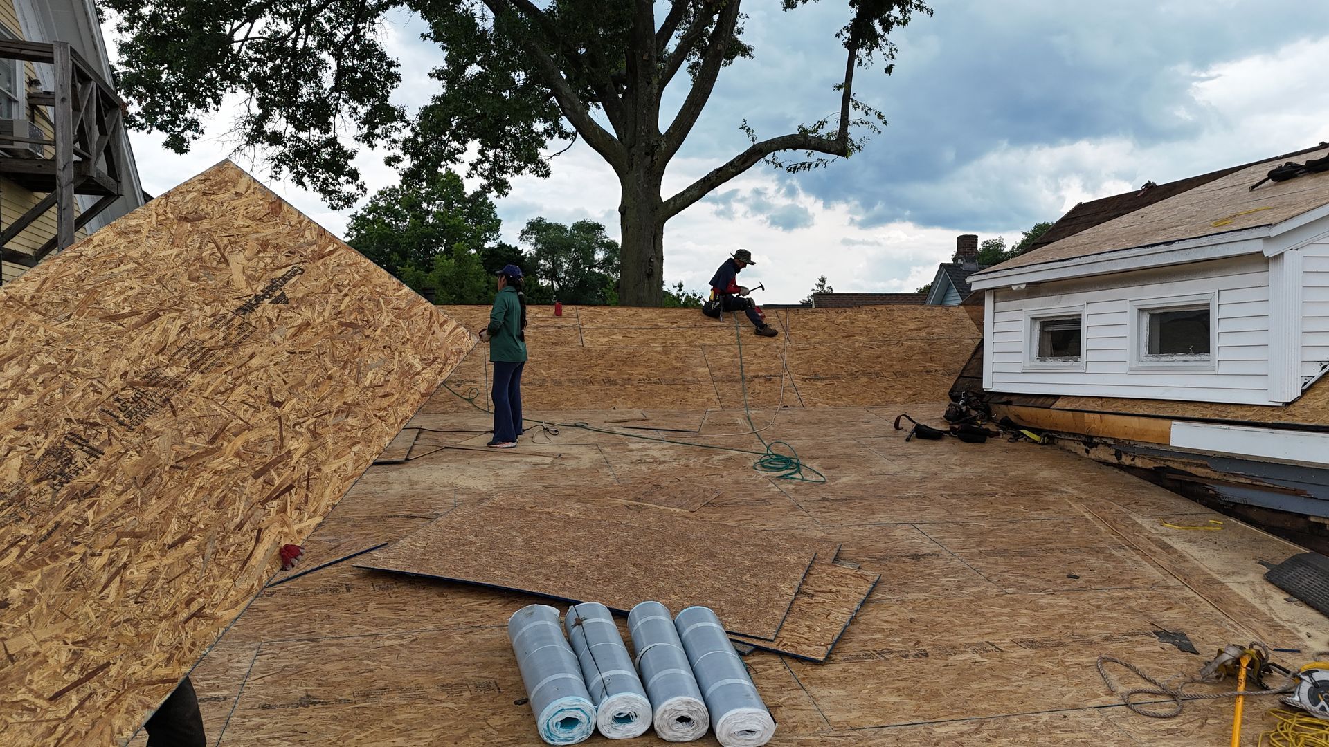 Workers on a roof under construction, with plywood, rolled materials, and a tree in the background