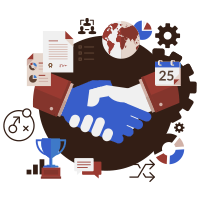 A cartoon illustration of two people shaking hands surrounded by business icons.