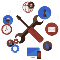 A wrench and a screwdriver are surrounded by various icons.