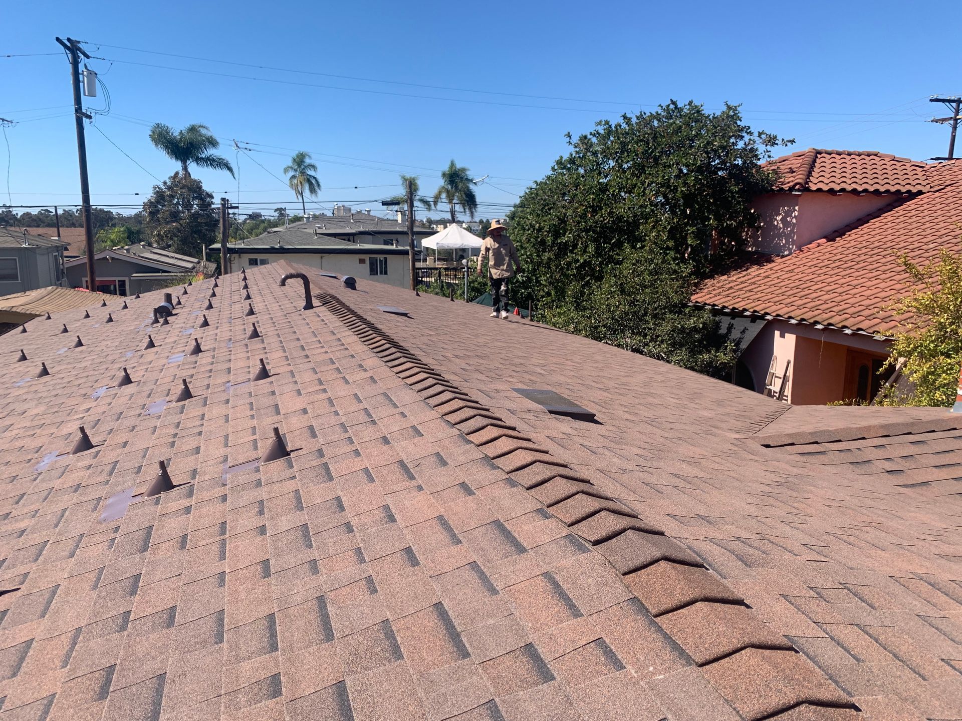 Rooftop view of terracotta tiles with neighboring houses, trees, and a clear blue sky.