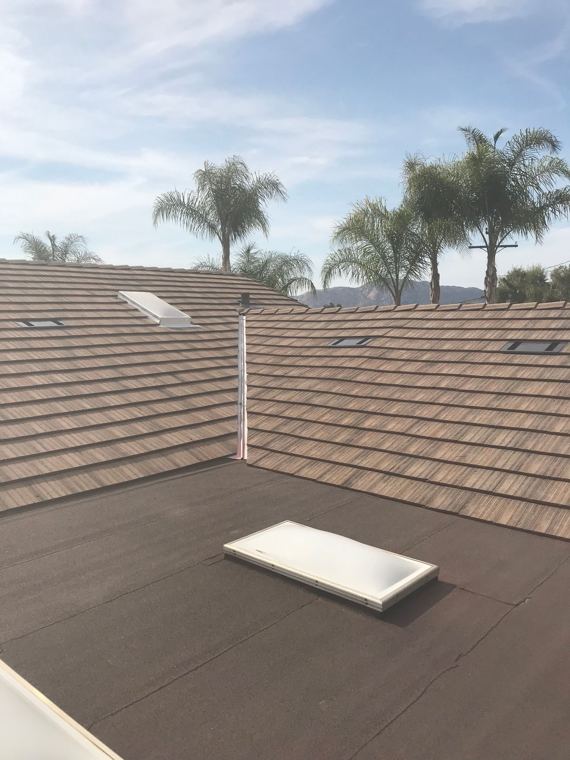 Rooftop with brown shingles, a skylight, and trees against a blue sky