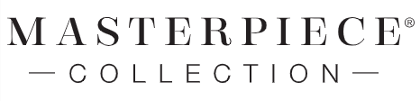 Masterpiece Collection logo in black serif text with a gold horizontal line and small dots on white background