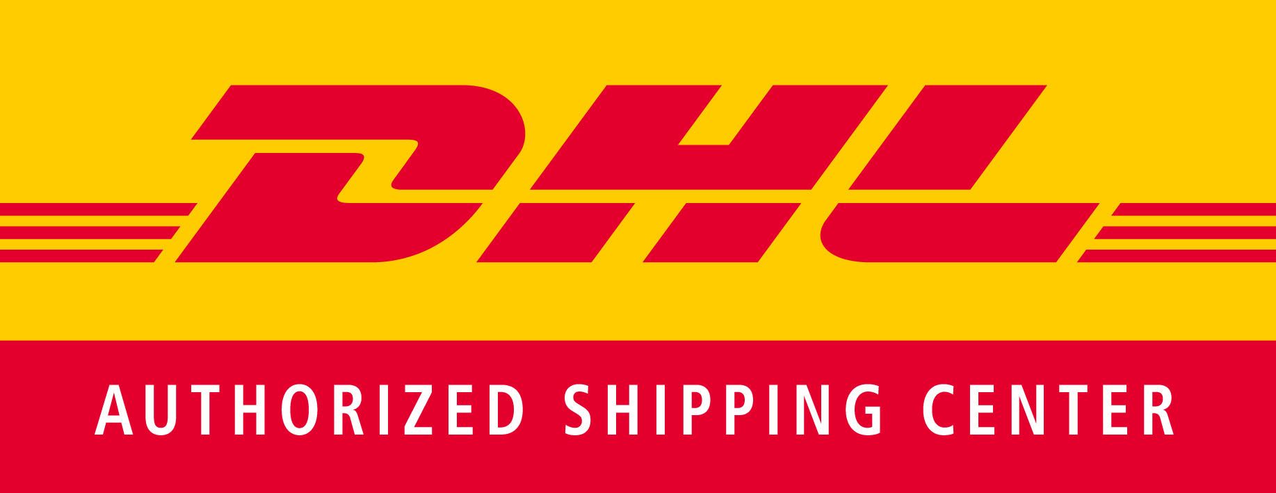 DHL Authorized Shipping Center logo. Red and yellow.