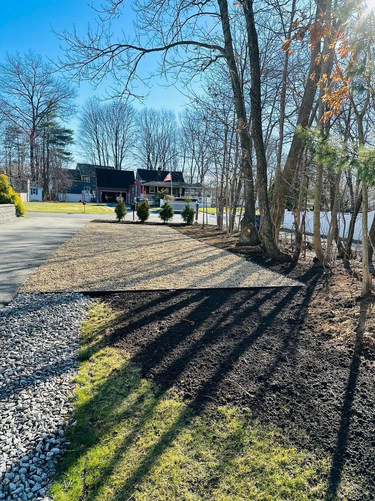 A driveway leading to a house surrounded by trees on a sunny day.