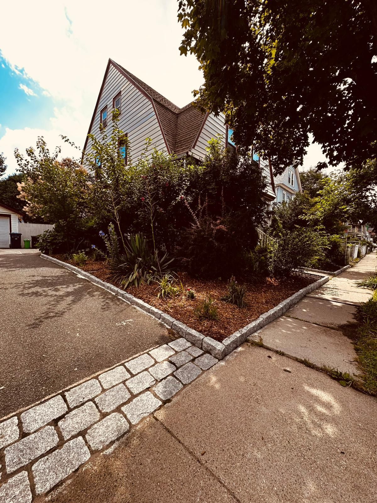 There is a house in the background and a sidewalk in the foreground.