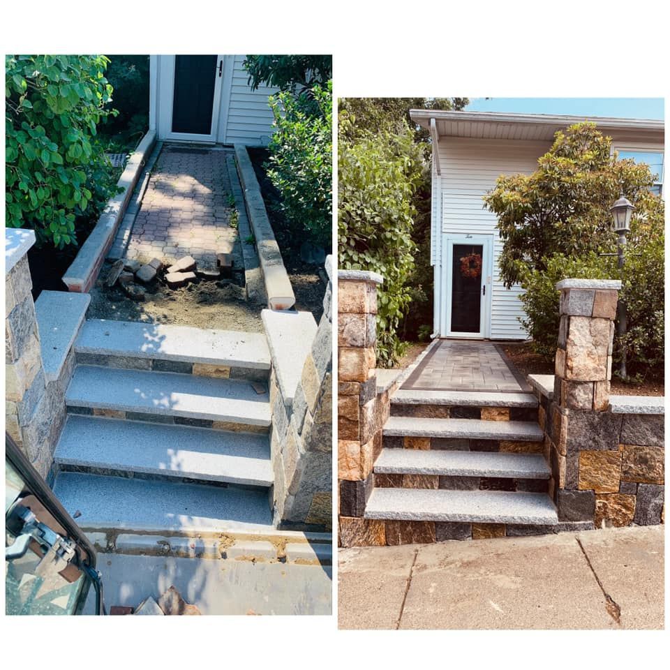 A before and after photo of a stone walkway and stairs leading to a house.