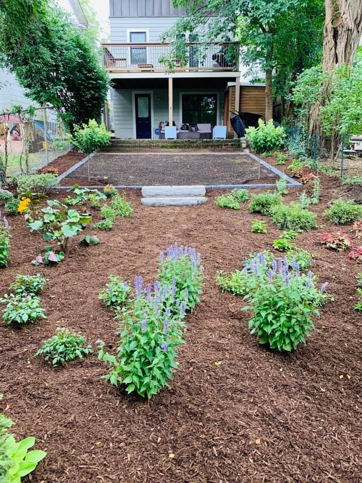 A backyard with a lot of plants and flowers and a house in the background.