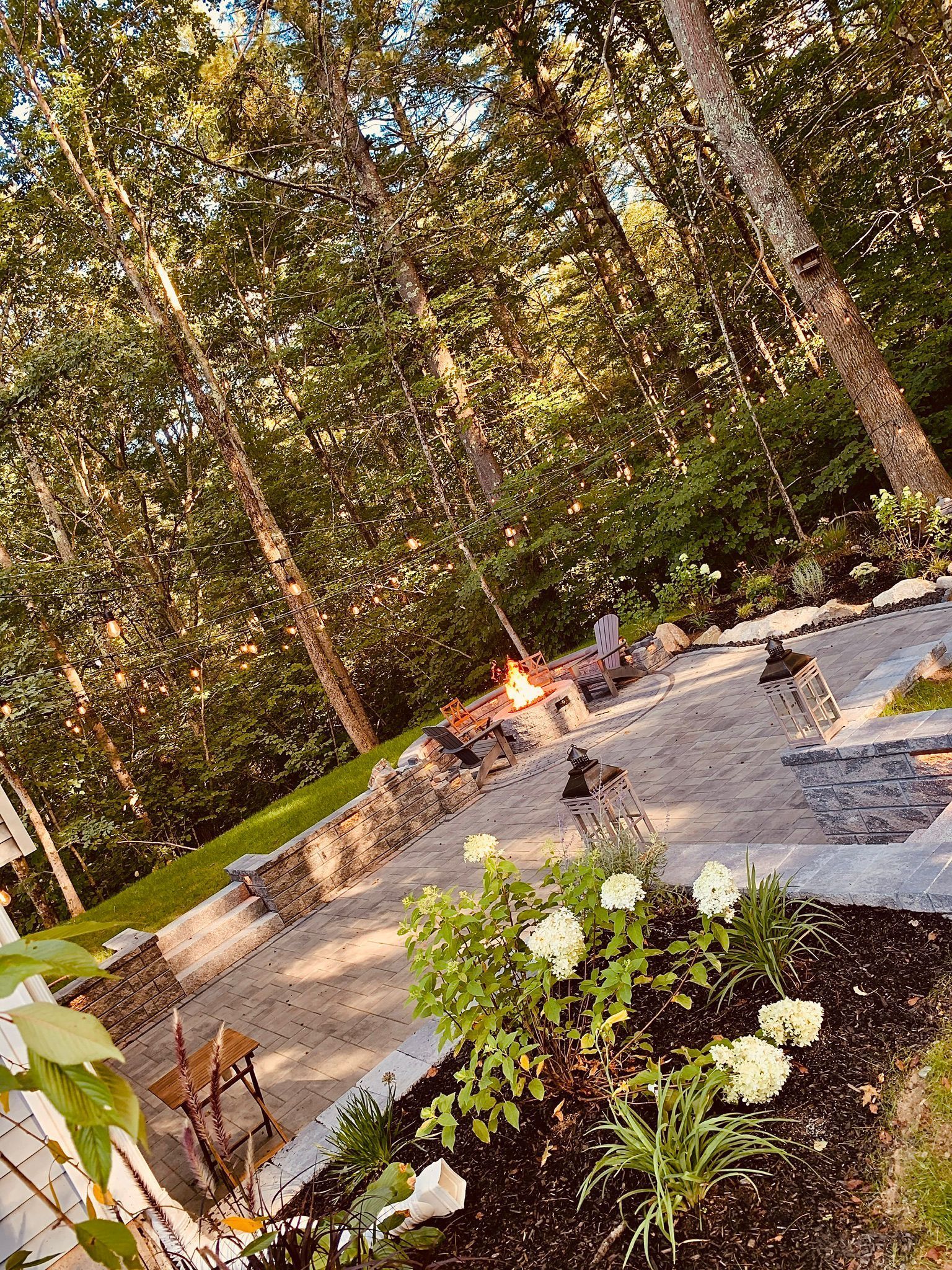 There is a fire pit in the middle of the woods.