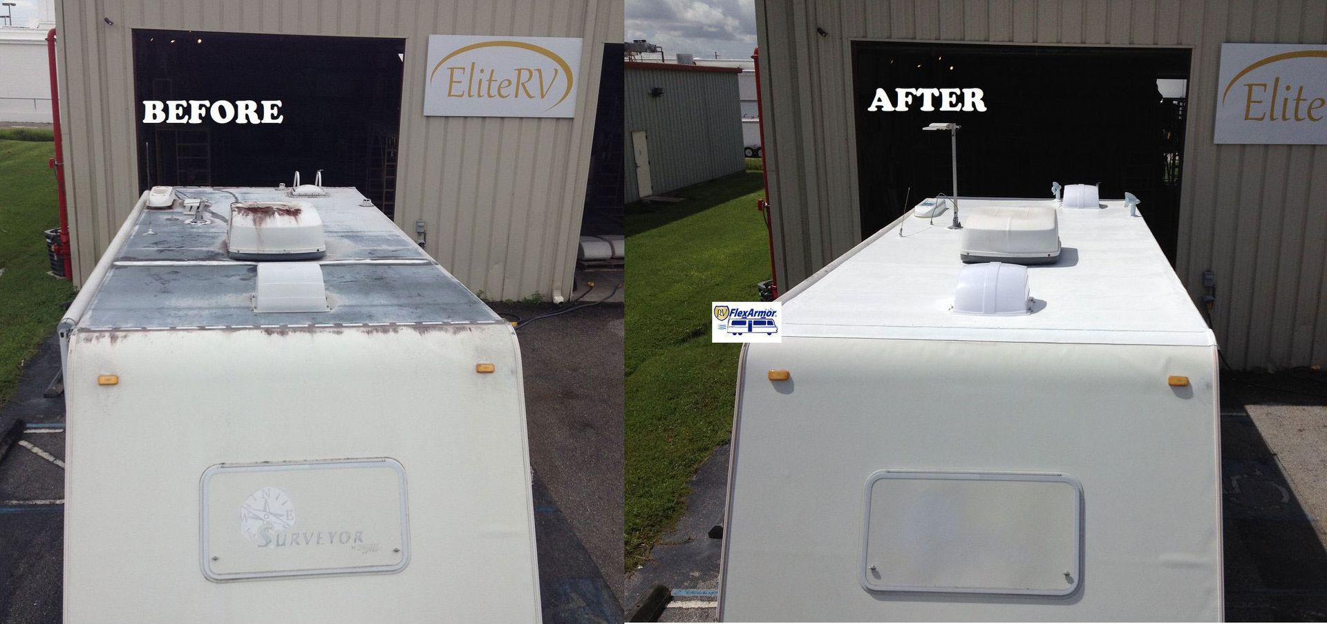 A before and after picture of a camper roof