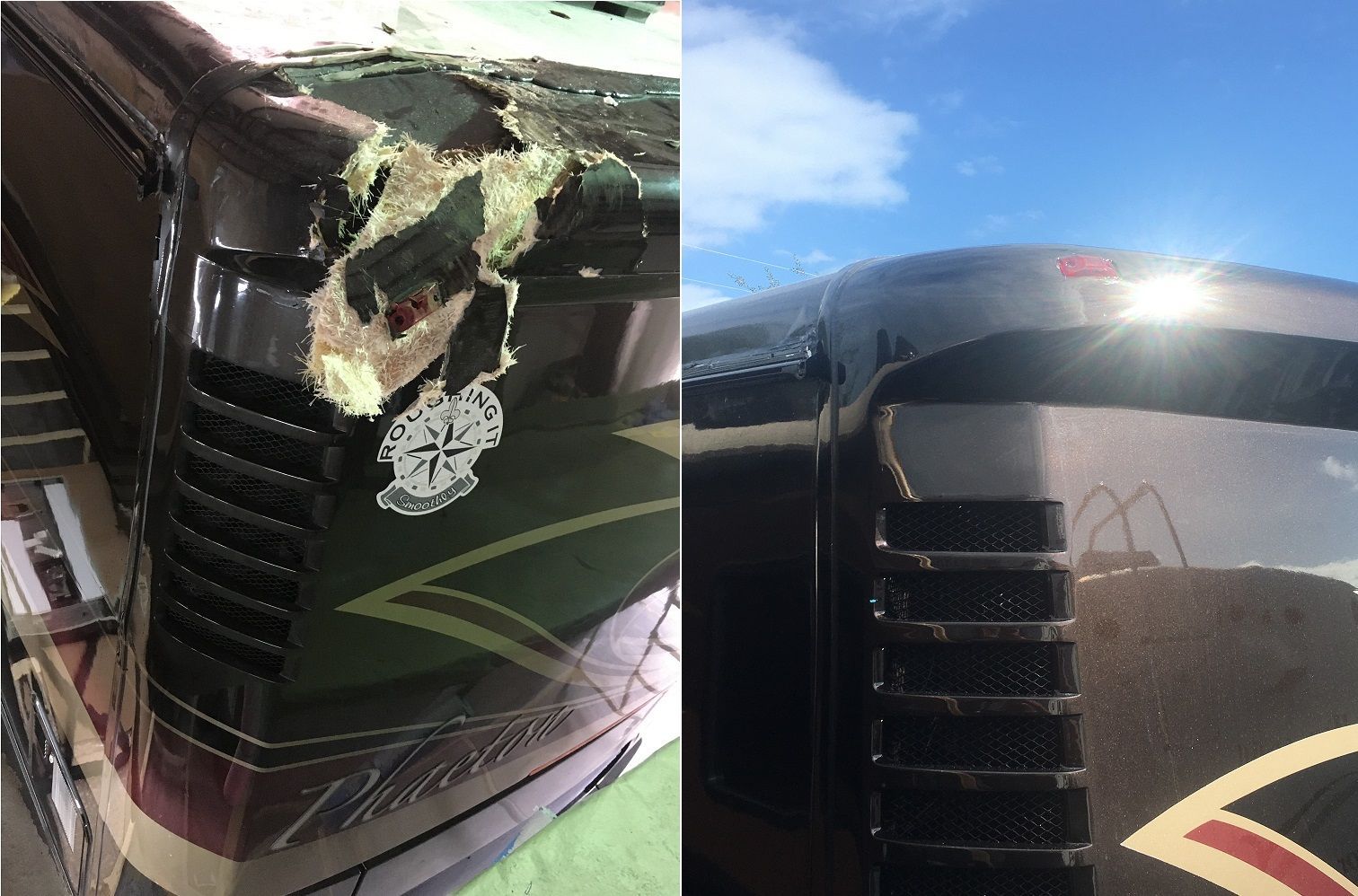 A before and after picture of a damaged rv