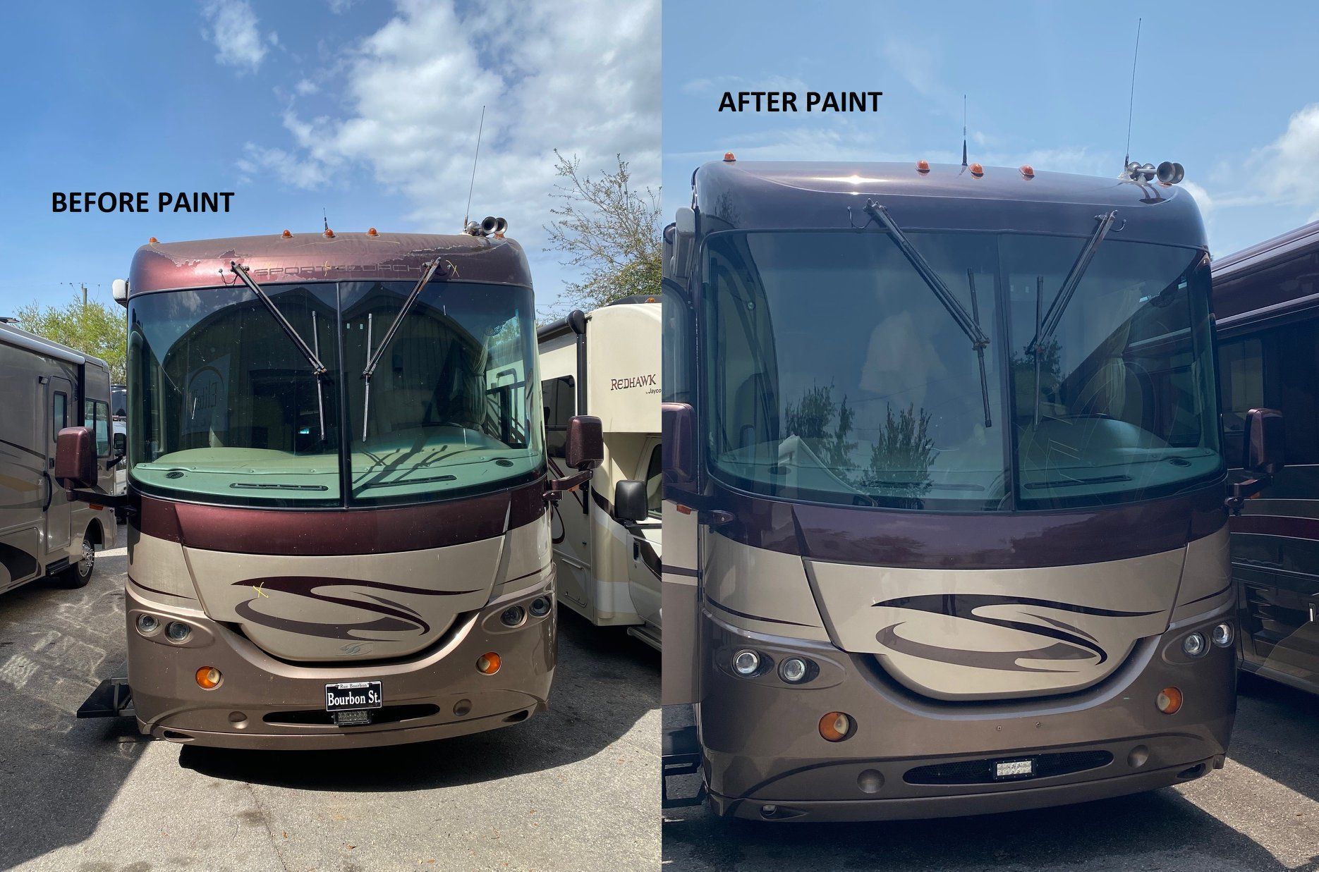 A before and after picture of a rv being painted.