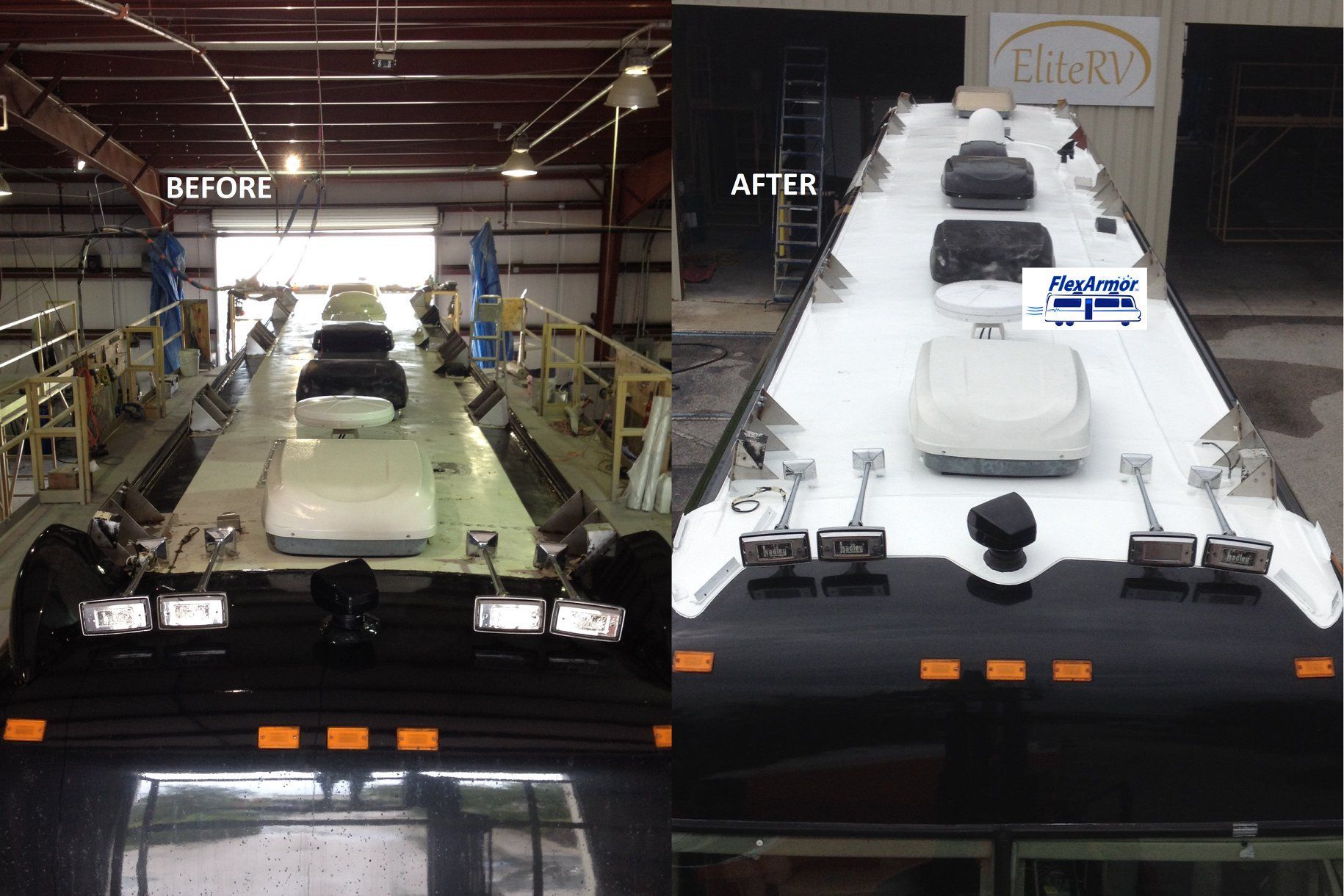 A before and after picture of a rv in a garage