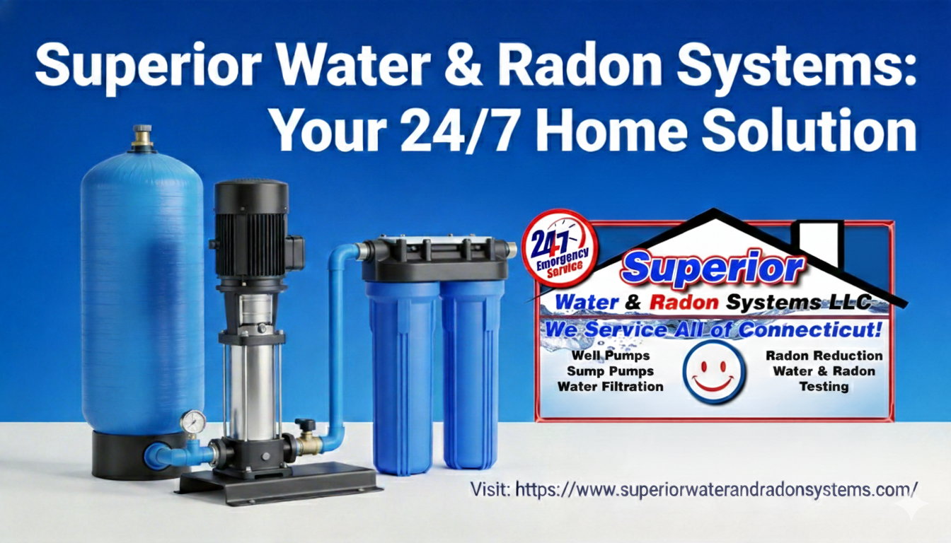 Advertisement for Superior Water & Radon Systems LLC, showcasing water filtration and radon mitigation equipment.