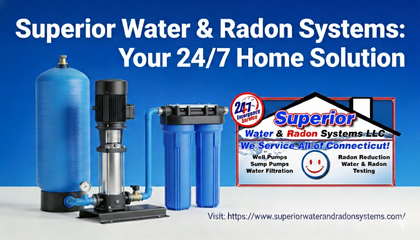 Advertisement for Superior Water & Radon Systems LLC, showcasing water filtration and radon mitigation equipment.