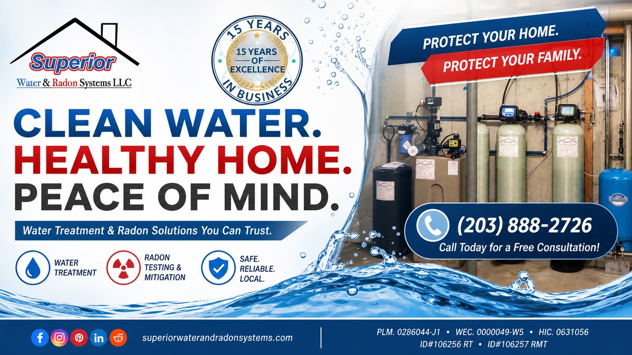 Blue water-service ad “Clean Water. Healthy Home. Peace of Mind.” with house graphic and phone number.