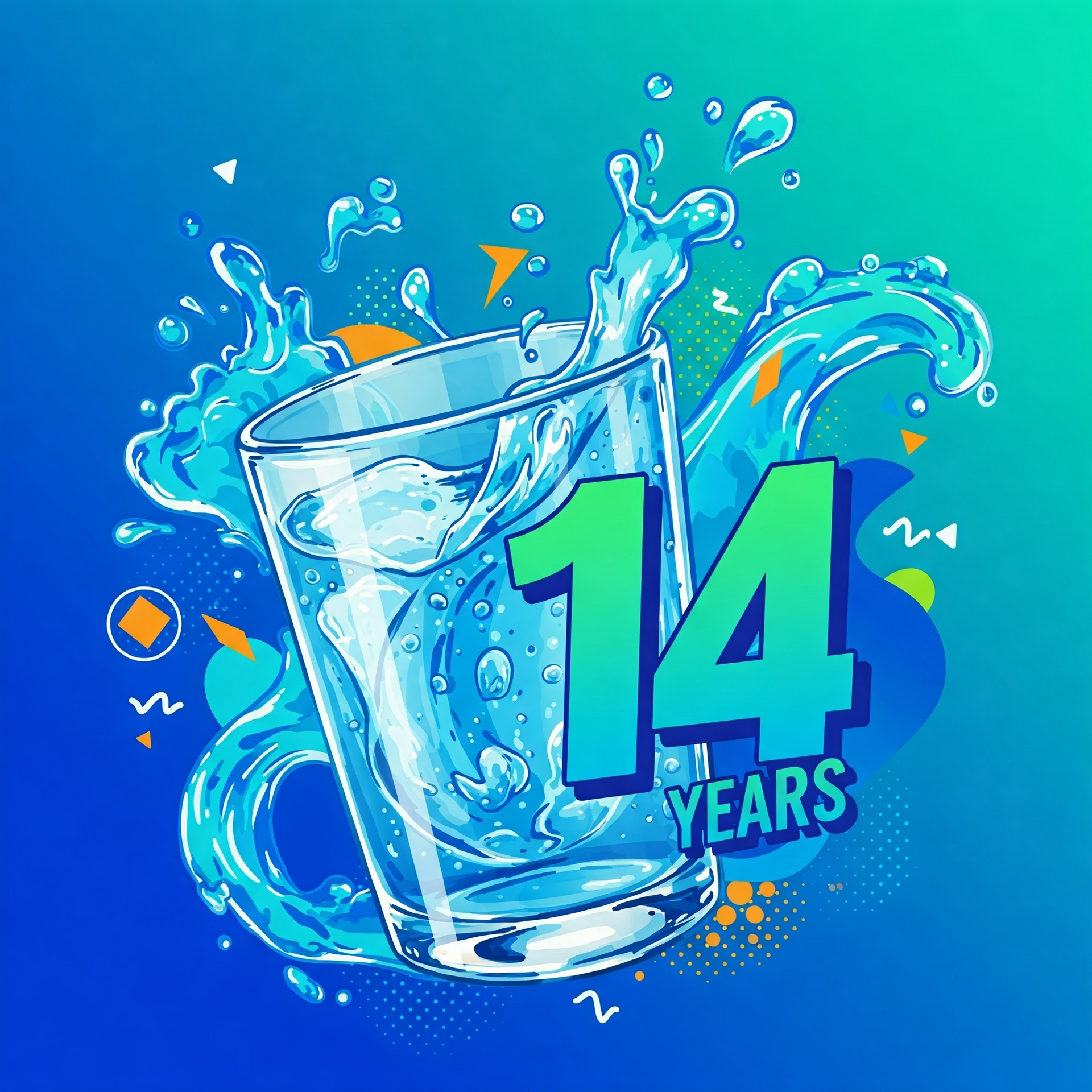 Blue graphic for a 14 Year Celebration