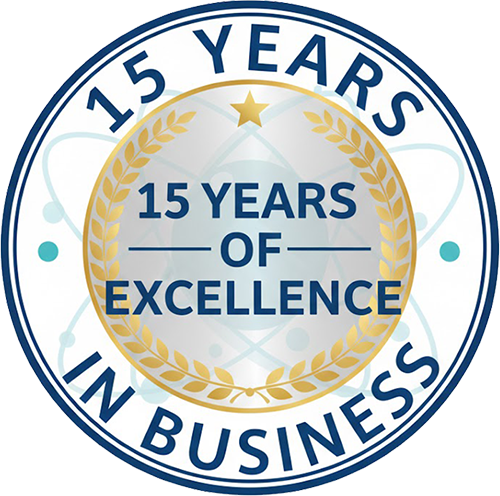 15 Years in Business badge with gold accents and a star.
