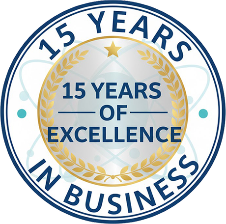 15 Years in Business badge with gold accents and a star.