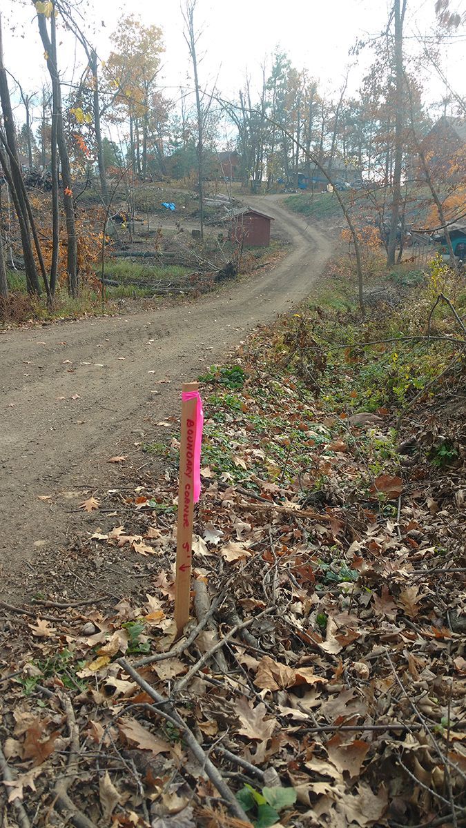 Dirt trail winding uphill through a leaf-strewn wooded area, marked by a pink stake in the foreground