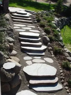 Curved stone stepping path through a landscaped garden with rocks and greenery