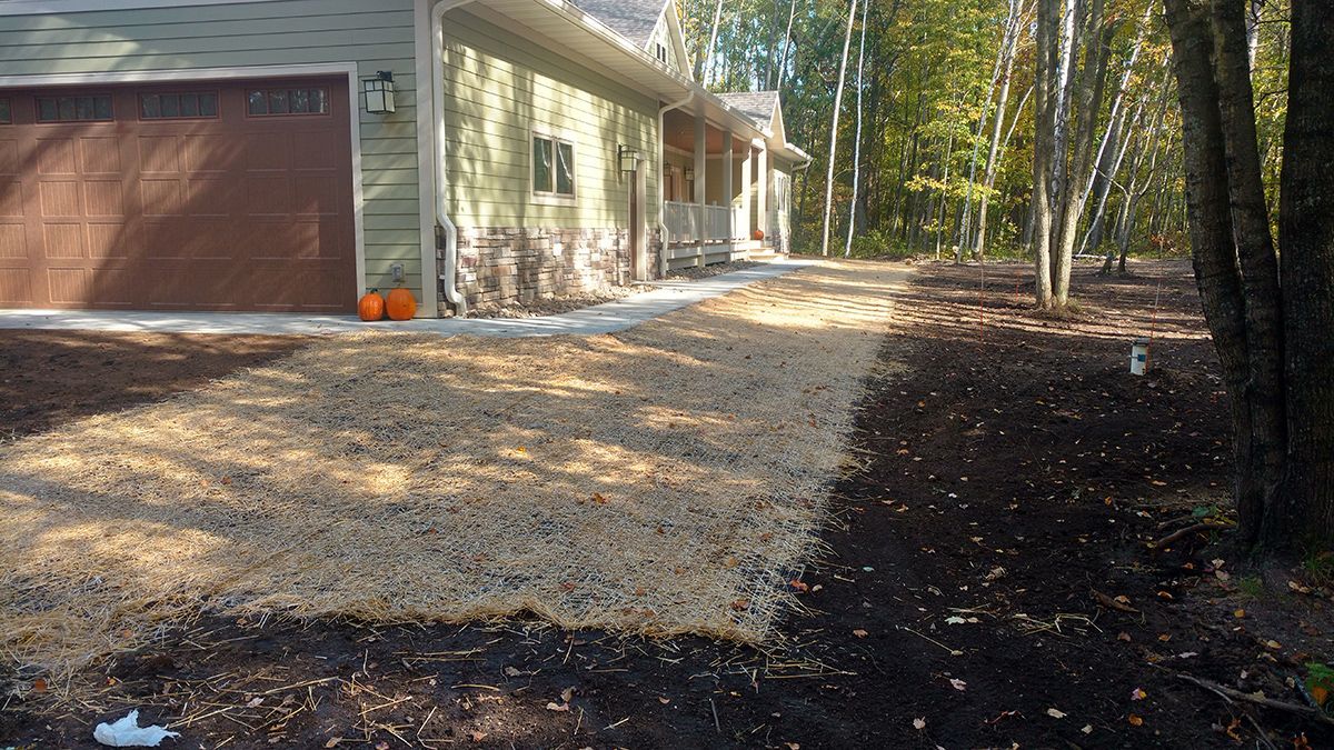 Gravel driveway beside a house and garage, bordered by trees in autumn light.