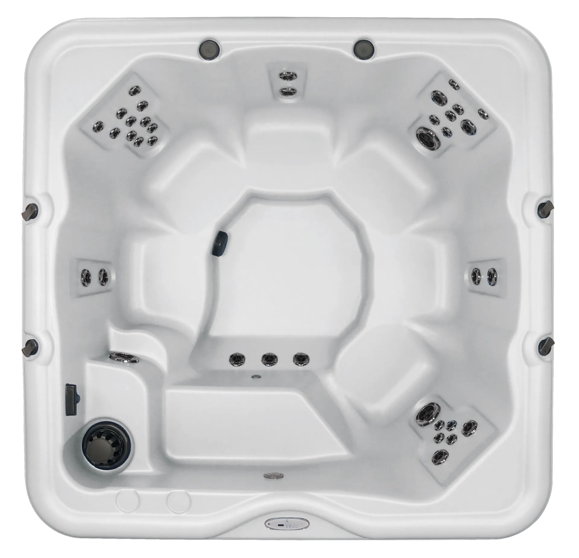 Overhead view of an empty white square hot tub with multiple jets and seating areas.