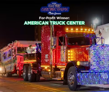 A decorated semi-truck with Christmas lights, winner of