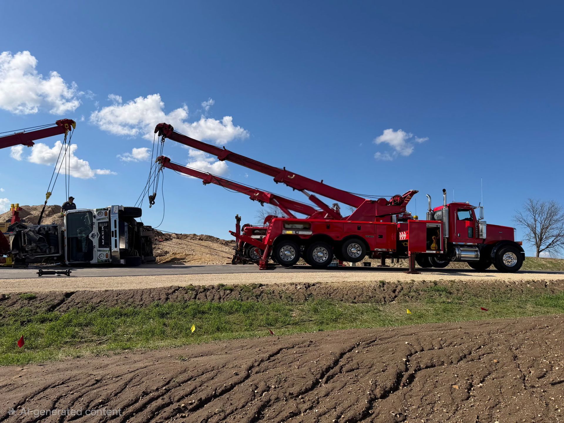 Red heavy-duty crane truck lifting equipment on a roadside under a blue sky with clouds