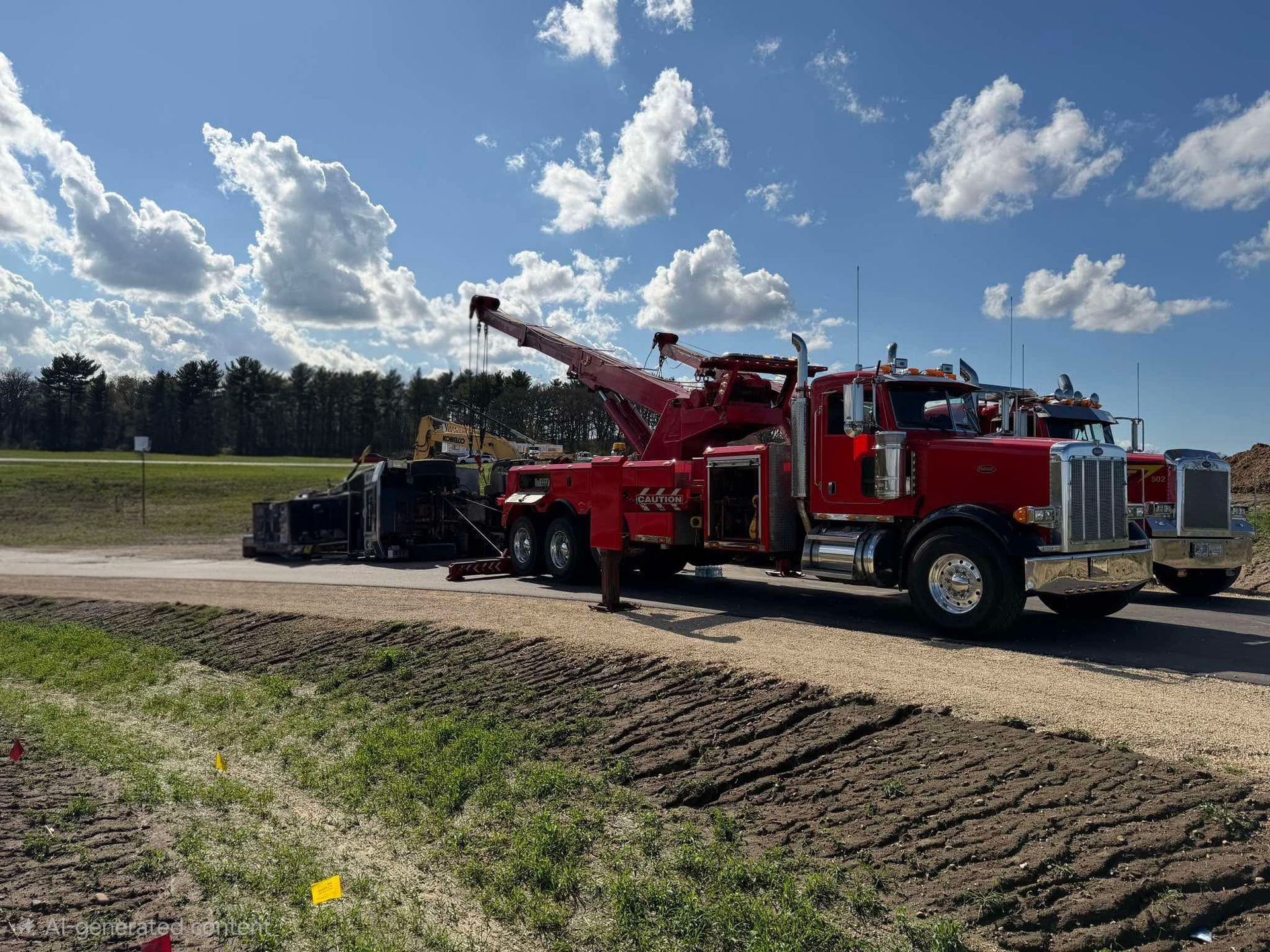 Red crane truck lifting equipment in a dirt lot under a blue sky with clouds