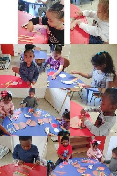 A collage of pictures of children sitting at tables