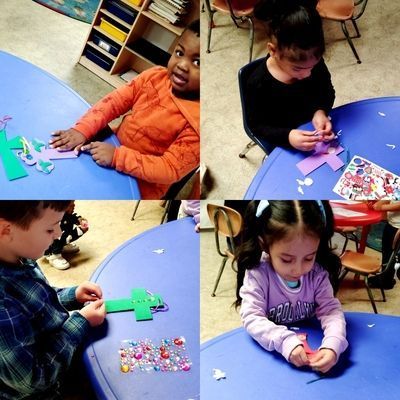 A collage of four pictures of children sitting at tables