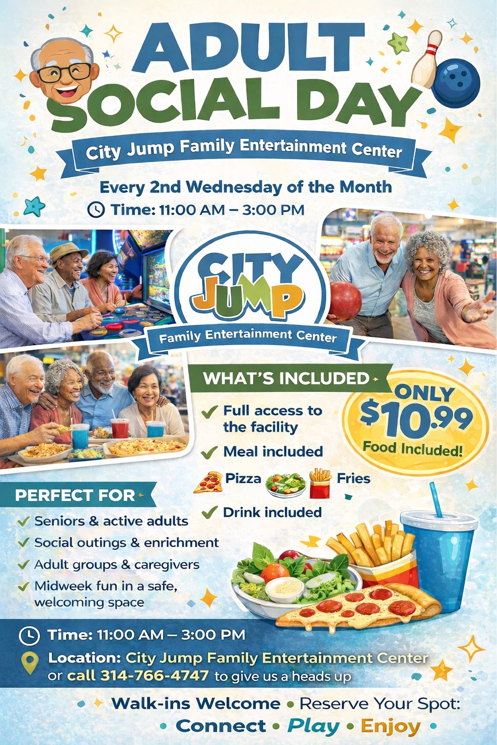 Poster for Adult Social Day at City Jump Entertainment Center, featuring seniors. Includes full facility access, a meal, and drink for $10.99.
