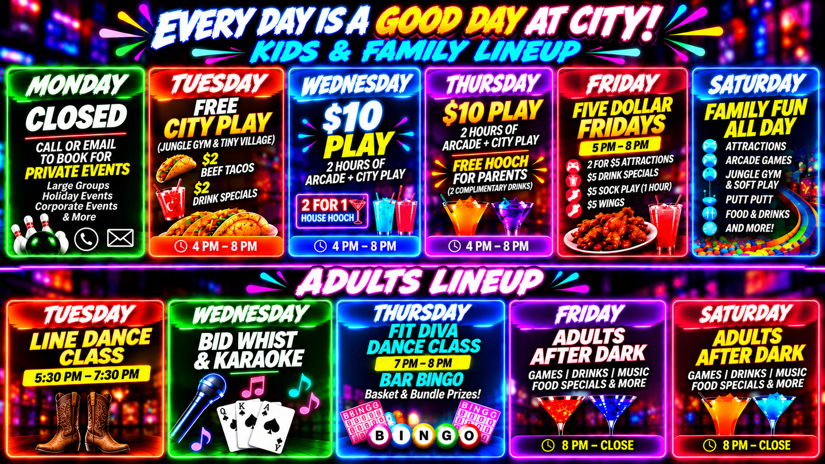 City Jump trampoline park weekly specials poster with colorful day-by-day deals and attraction icons