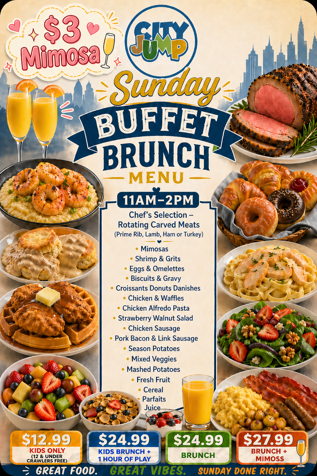 Sunday buffet brunch menu from 11 AM-2 PM, $3 Mimosa