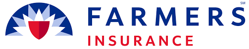 Farmers Insurance logo: blue and red emblem above blue text 