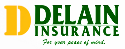 Logo for Delain Insurance featuring a gold "D" and green text. Includes the tagline, "For your peace of mind."