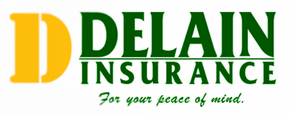 Logo for Delain Insurance featuring a gold "D" and green text. Includes the tagline, "For your peace of mind."