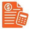 An orange icon showing a document with a dollar sign symbol and a calculator, representing financial calculation.