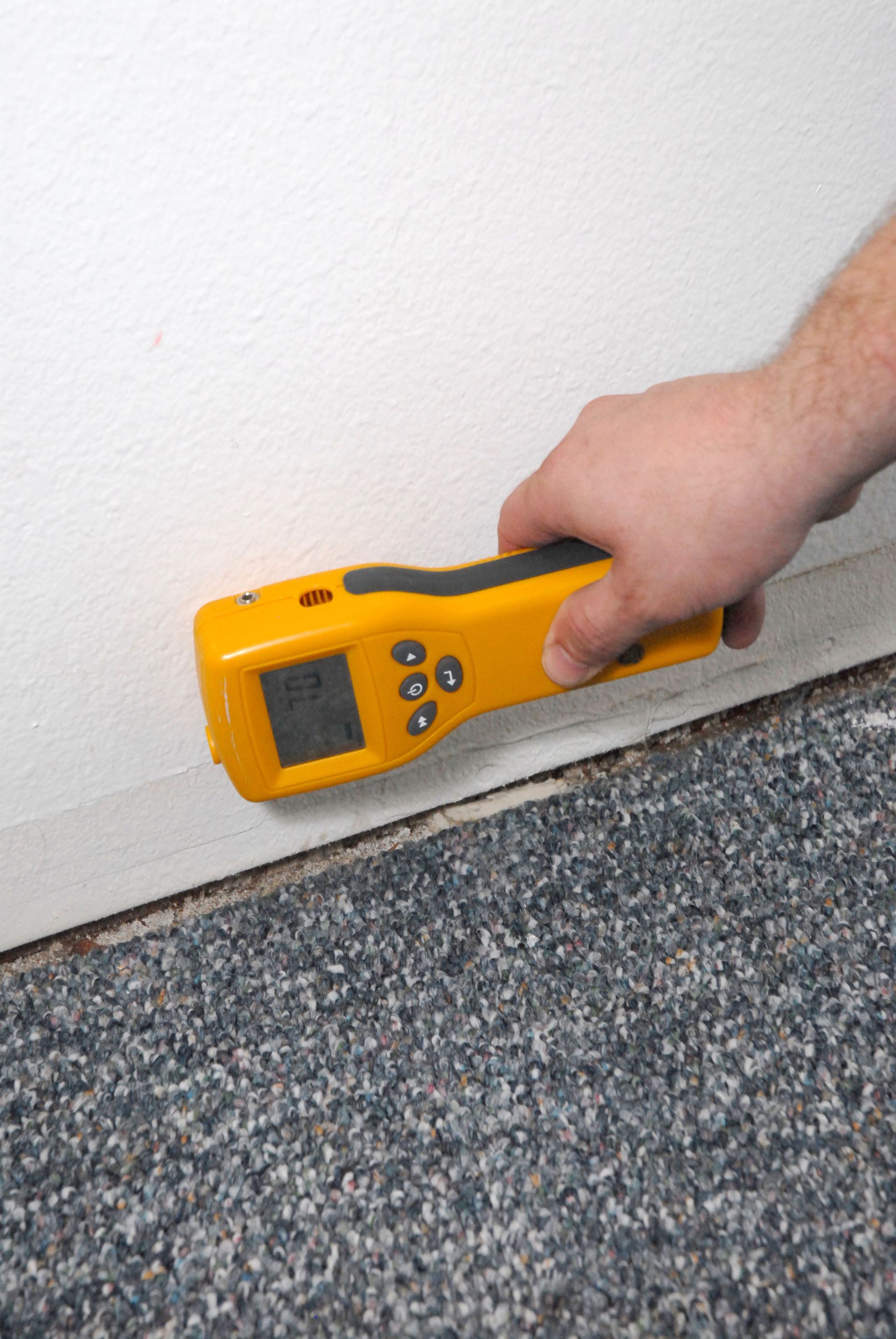 A hand holds a yellow moisture meter against a white wall just above a carpeted floor.